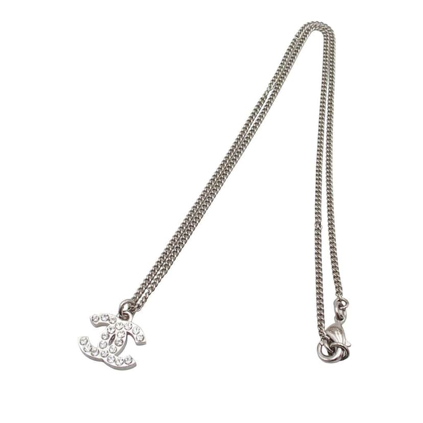 Chanel Silver Plated CC Rhinestone Pendant Necklace Silver Metal Very good condition - Front View
