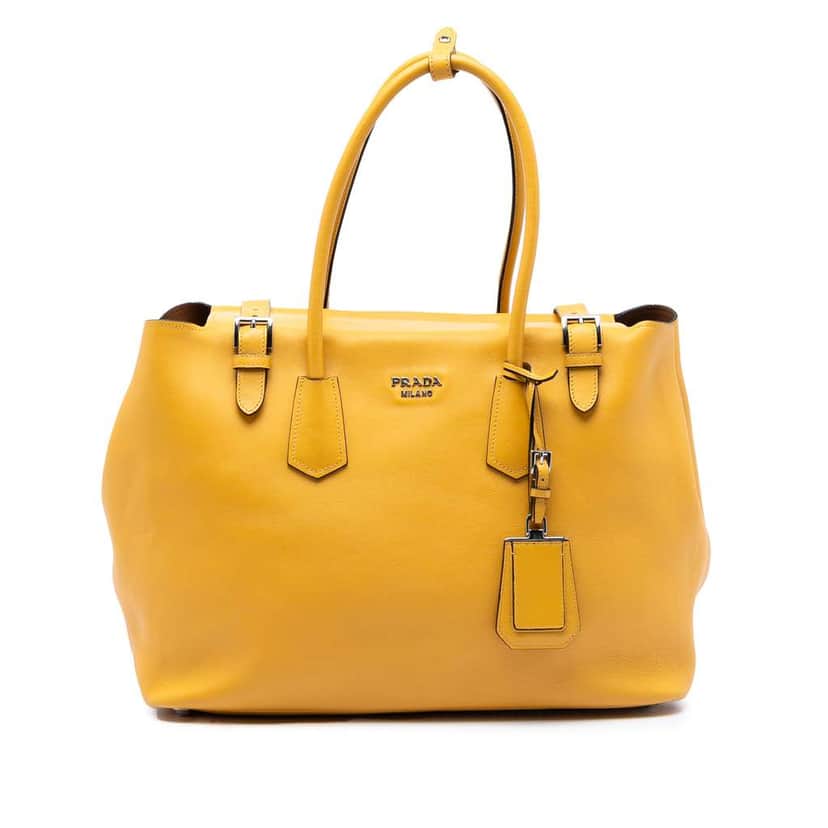 Prada City Calf Leather Buckle Tote Yellow Leather Very good condition - Front View