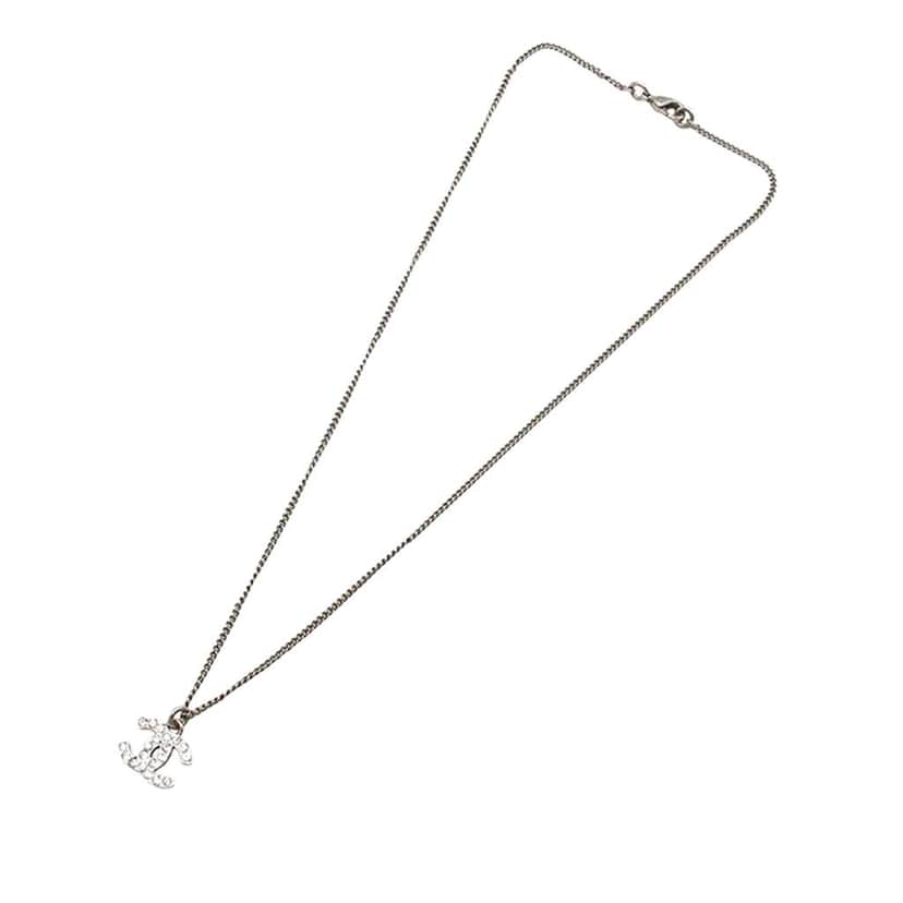 Chanel CC Silver Plated Rhinestone Pendant Necklace Silver Metal Very good condition - Front View