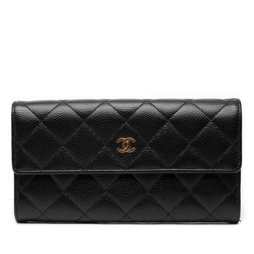 Chanel CC Quilted Caviar Flap Long Wallet Black Leather Very good condition - Front View
