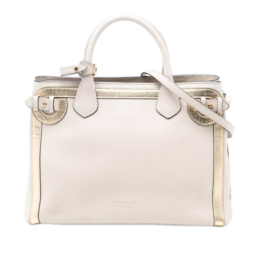 Burberry Medium Bicolor Leather and House Check Banner Satchel White Leather Very good condition - Front View
