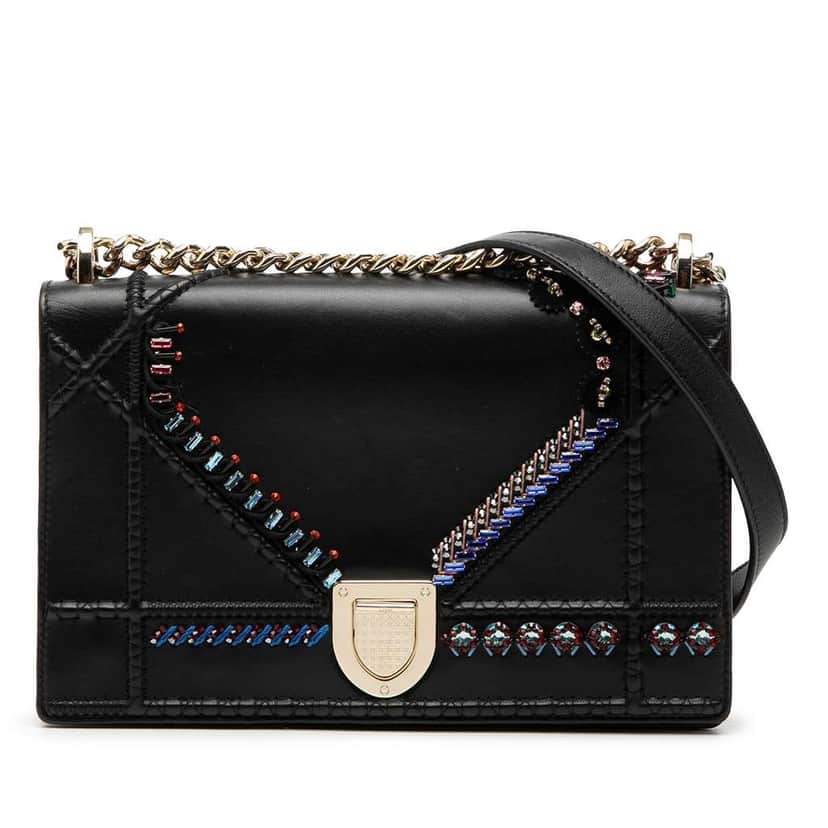 Dior Medium Calfskin Crystal Embroidered Diorama Flap Black Leather Good condition - Front View