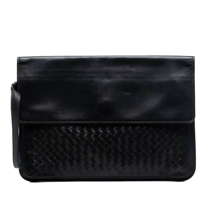Bottega Veneta Leather Intrecciato Clutch Black Leather Very good condition - Front View