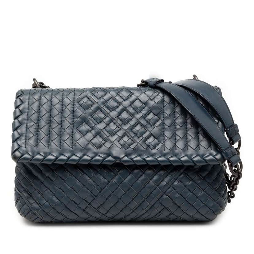 Bottega Veneta Small Nappa Intrecciato Boutis Olimpia Shoulder Bag Blue Leather Very good condition - Front View