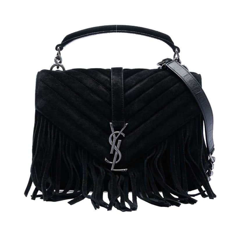 Saint Laurent Medium Chevron Suede Monogram Fringe College Satchel Black Leather Very good condition - Front View