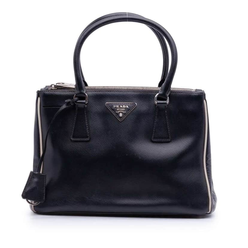 Prada Small Bicolor Saffiano Lux Galleria Double Zip Satchel Black Leather Very good condition - Front View