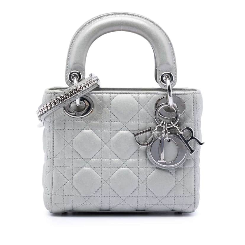 Dior Mini Iridescent Lambskin Cannage Lady Dior Silver Leather Very good condition - Front View