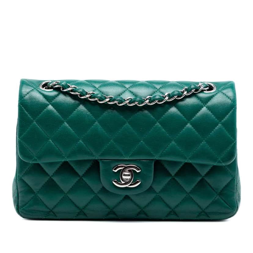 Chanel Small Classic Lambskin Double Flap Green Leather Very good condition - Front View