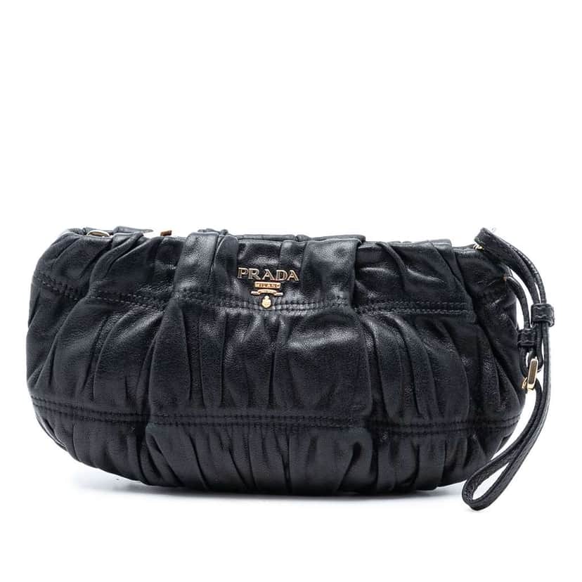 Prada Nappa Gaufre Wristlet Clutch Black Leather Very good condition - Front View