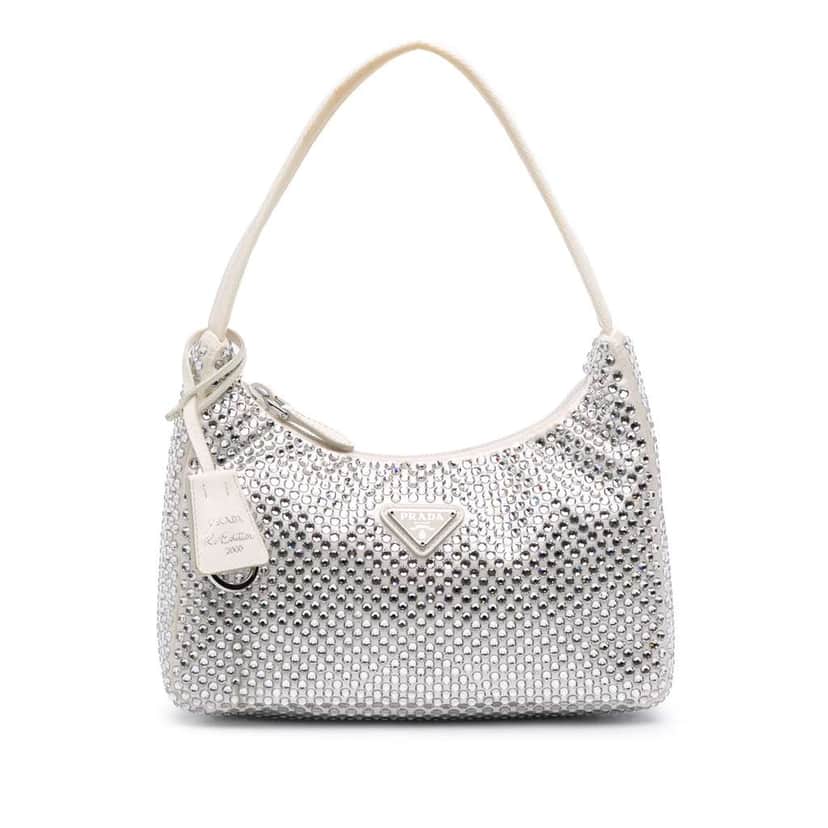 Prada Mini Satin Crystal Re-Edition 2000 Shoulder Bag White Satin Good condition - Front View