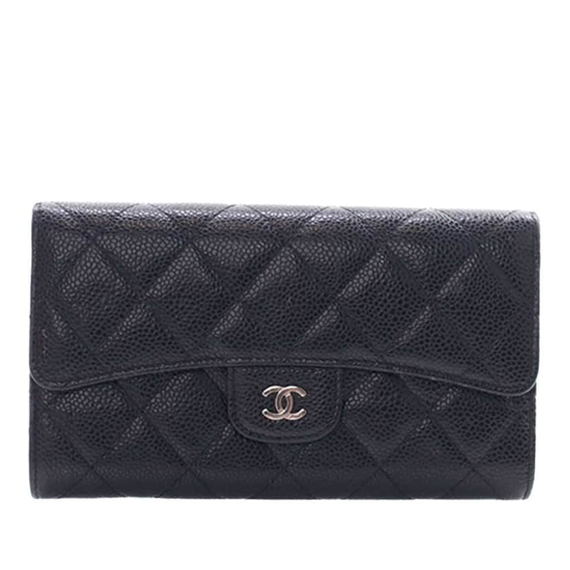 Chanel CC Caviar Classic Long Flap Wallet Black Leather Good condition - Front View