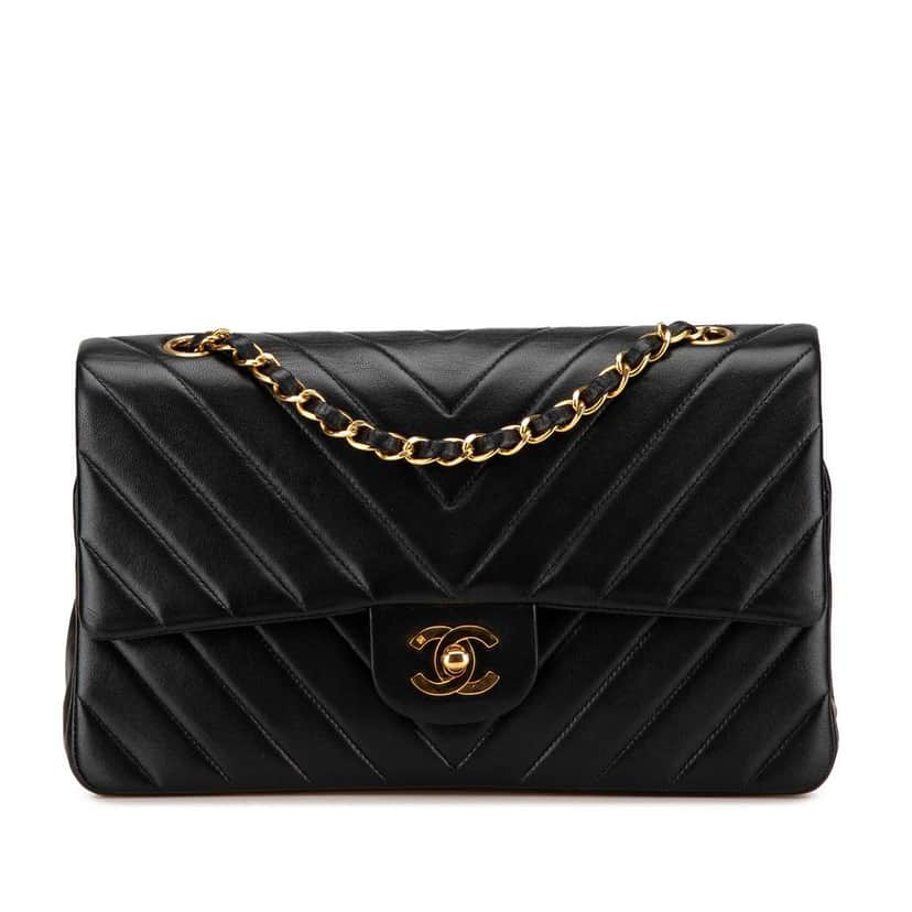 Chanel Small Classic Chevron Lambskin Double Flap Black Leather Good condition - Front View