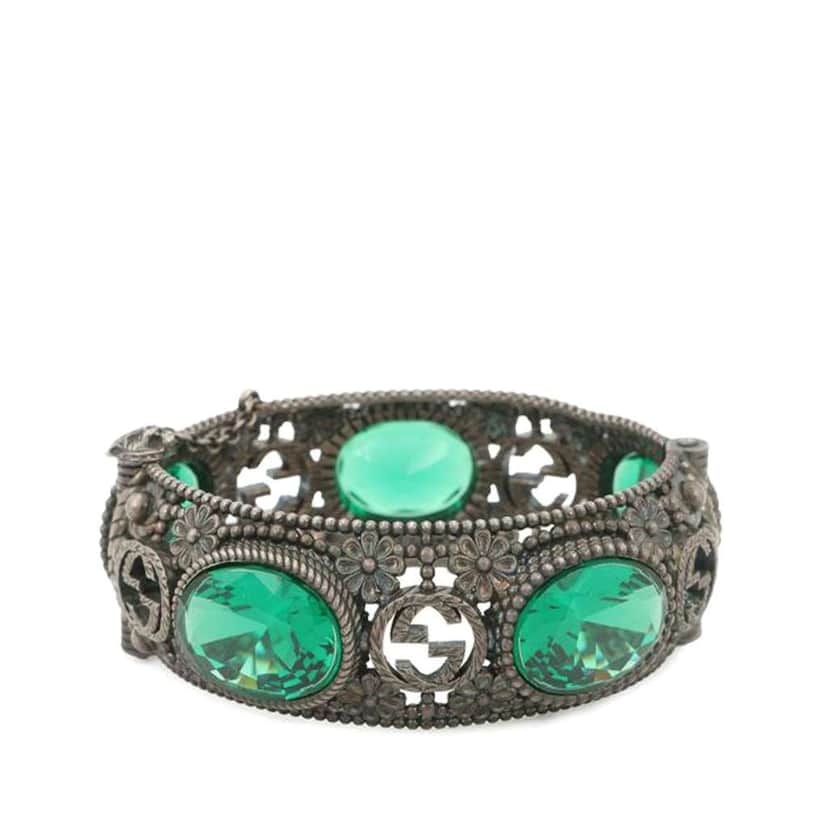 Gucci Sterling Silver and Stone Interlocking G Flower Hinged Bangle Silver Silver Good condition - Front View