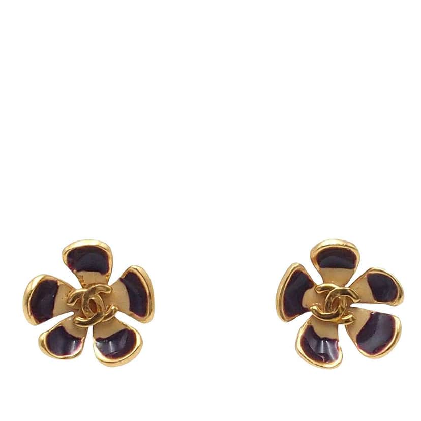 Chanel CC Gold Plated Lacquered Flower Earrings Gold Metal Good condition - Front View