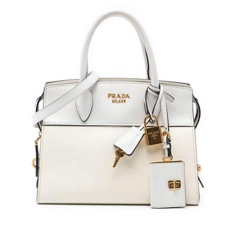 Prada Saffiano And City Calf Esplanade Satchel White Leather Good condition - Front View