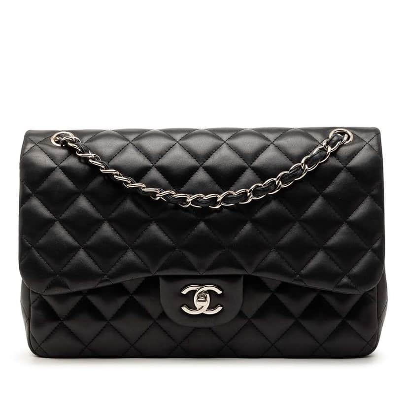 Chanel Jumbo Classic Lambskin Double Flap Black Leather Very good condition - Front View