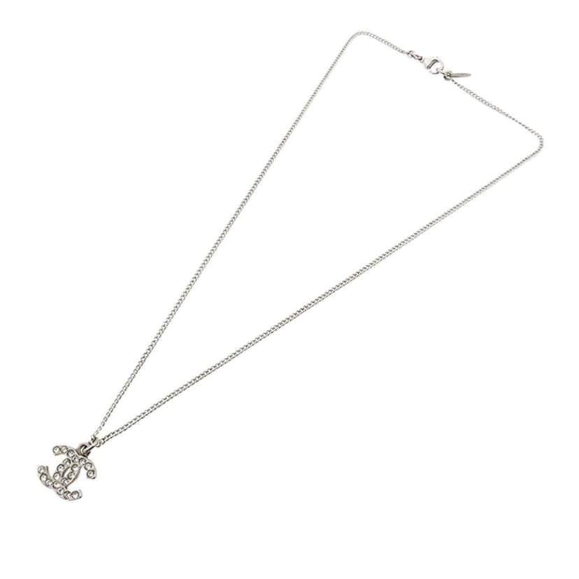 Chanel Silver Plated CC Rhinestone Pendant Necklace Silver Metal Very good condition - Front View