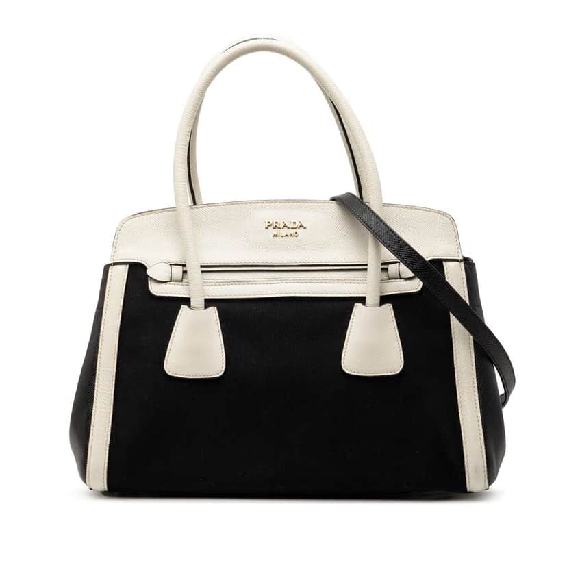 Prada Bicolor Saffiano Cuir Trimmed Canvas Satchel Black Canvas Very good condition - Front View