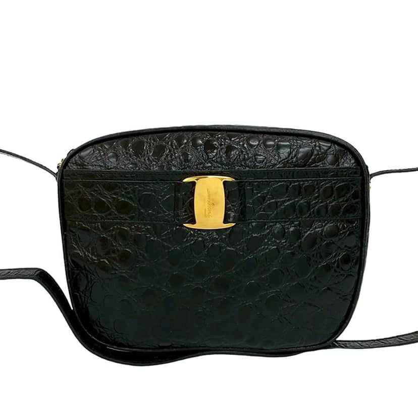 Salvatore Ferragamo Croc Embossed Leather Vara Crossbody Black Leather Very good condition - Front View