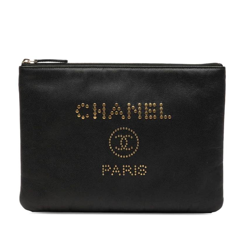 Chanel Medium Caviar Deauville Studded O Case Clutch Black Leather Very good condition - Front View