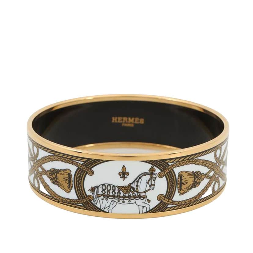 Hermès Wide Grand Apparat Horse Enamel Bangle 65 White Good condition - Front View