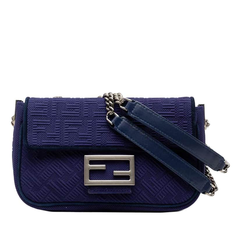 Fendi Zucca Embossed Technical Fabric Chain Midi Baguette Blue Very good condition - Front View