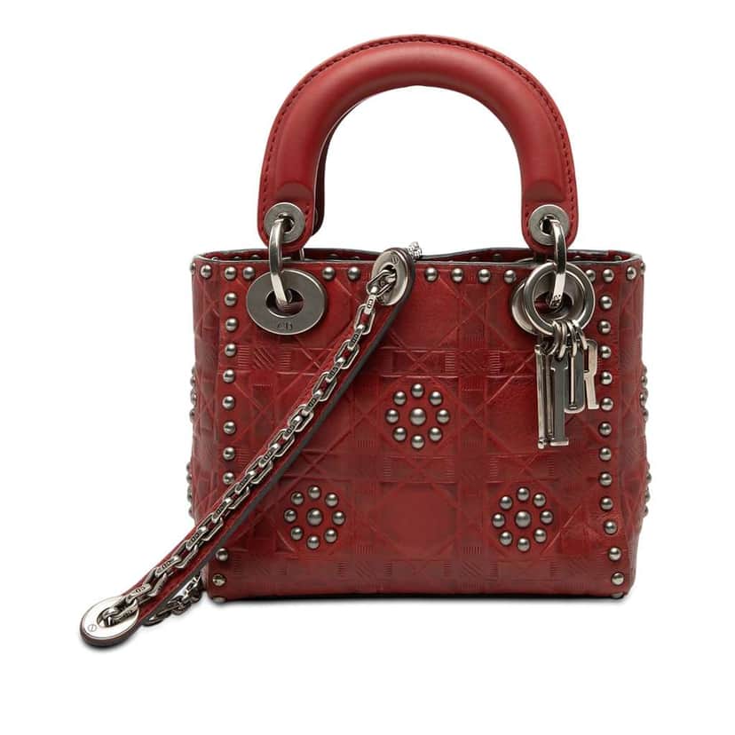 Dior Mini Embossed Calfskin Cannage Studded Flower Lady Dior Red Leather Very good condition - Front View
