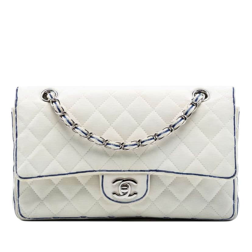 Chanel Medium Classic Printed Grosgrain Double Flap White Very good condition - Front View