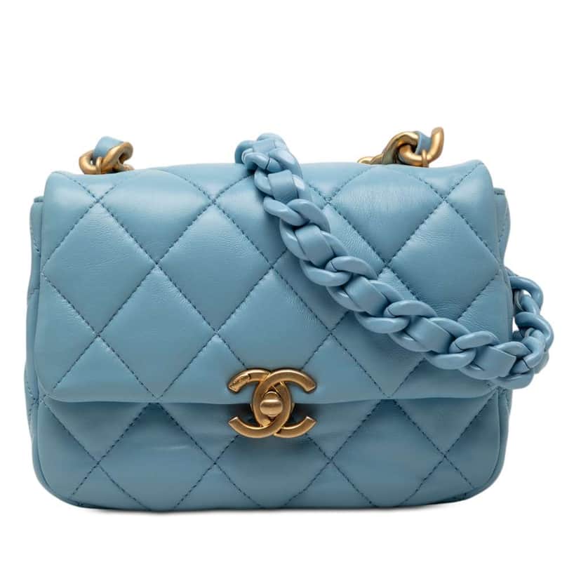 Chanel Mini Quilted Lambskin Lacquered Chain Flap Blue Leather Very good condition - Front View