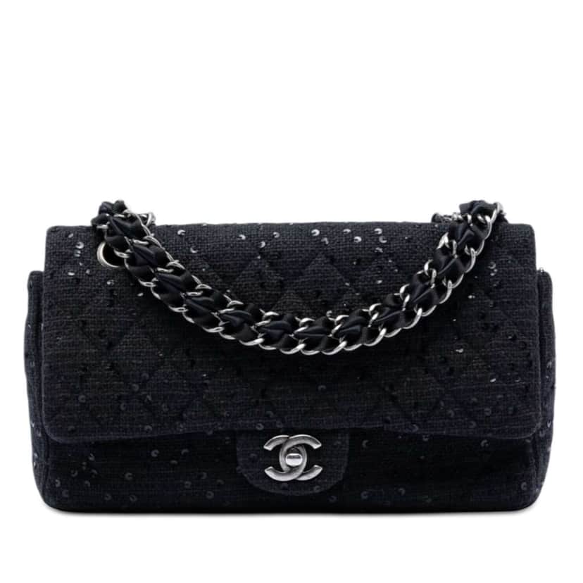 Chanel Medium Classic Tweed Sequin Double Flap Black Tweed Very good condition - Front View