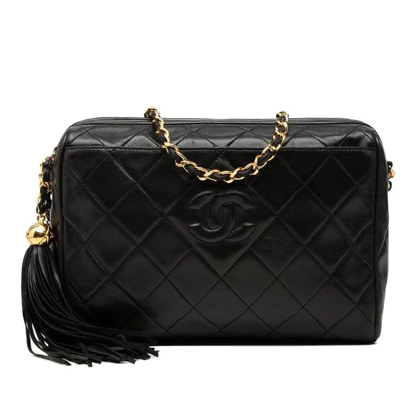 Chanel CC Diamond Quilted Lambskin Tassel Camera Bag Black Leather Very good condition - Front View