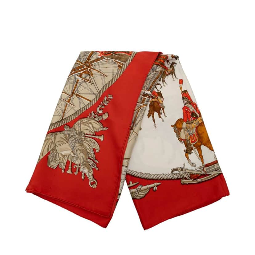 Hermès Marine et Cavalerie Silk Scarf 90 Red Silk Very good condition - Front View