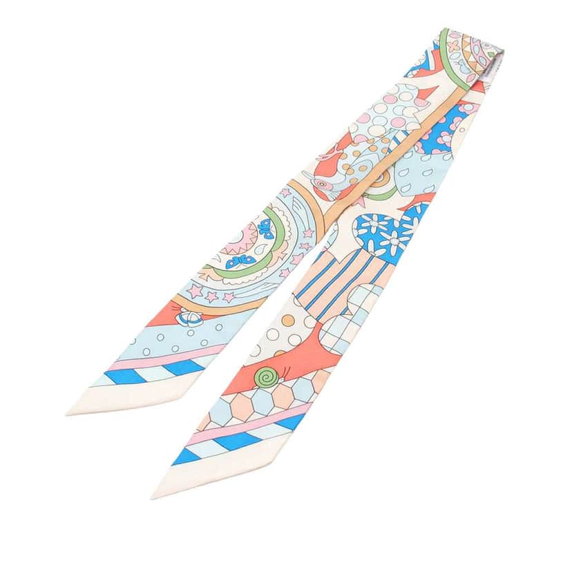 Hermès Les Murmures De La Foret Silk Twilly Scarf White Silk Good condition - Front View