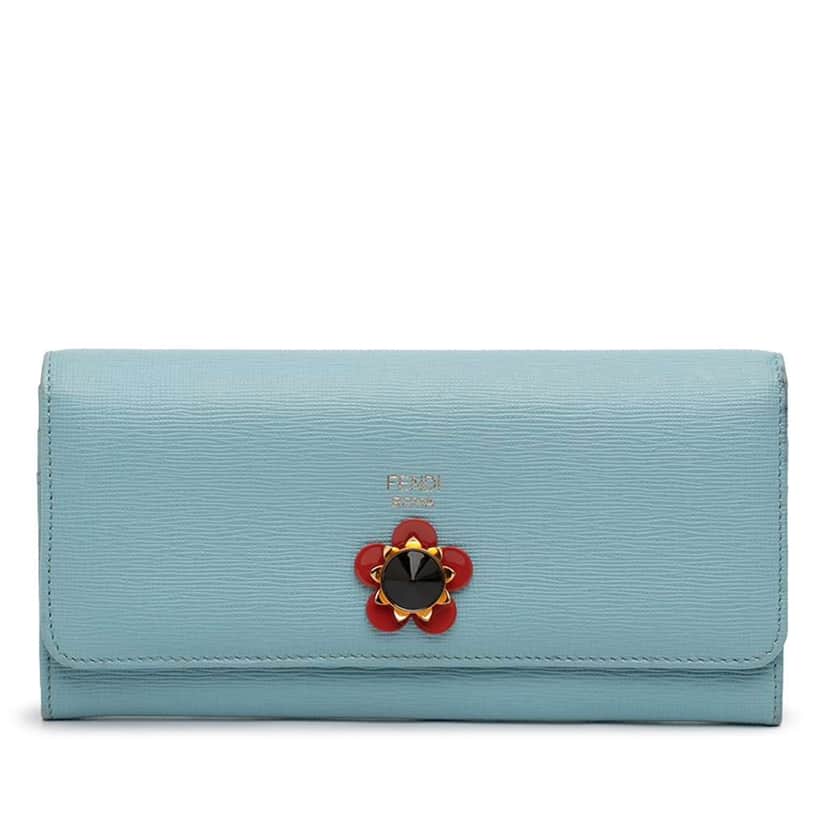 Fendi Leather Flowerland Continental Long Wallet Blue Leather Good condition - Front View