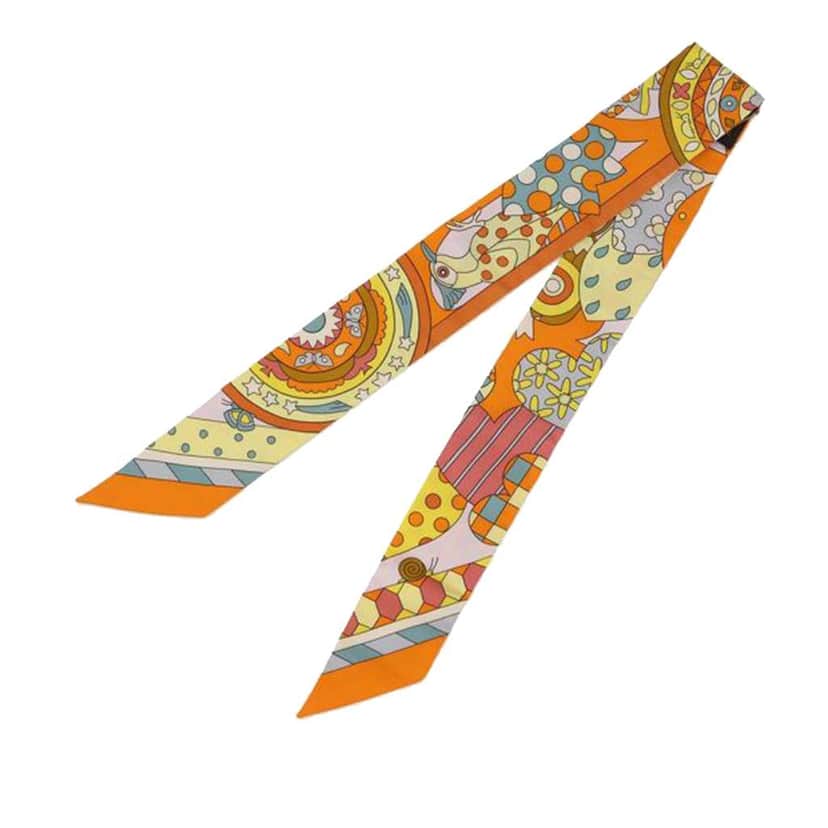 Hermès Les Murmures De La Foret Twilly Silk Scarf Orange Silk Good condition - Front View