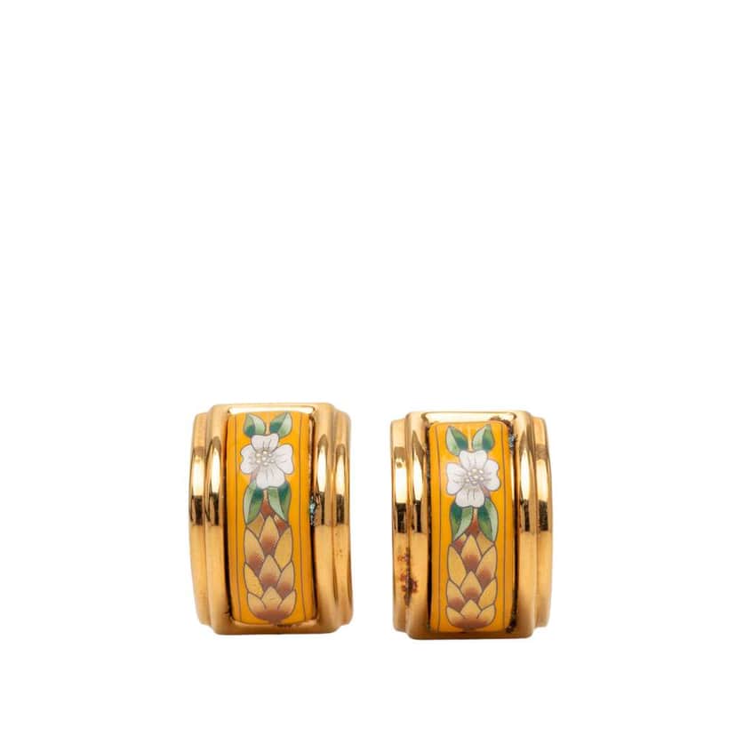 Hermès Enamel Floral Cloisonne Clip On Earrings Orange Fair condition - Front View