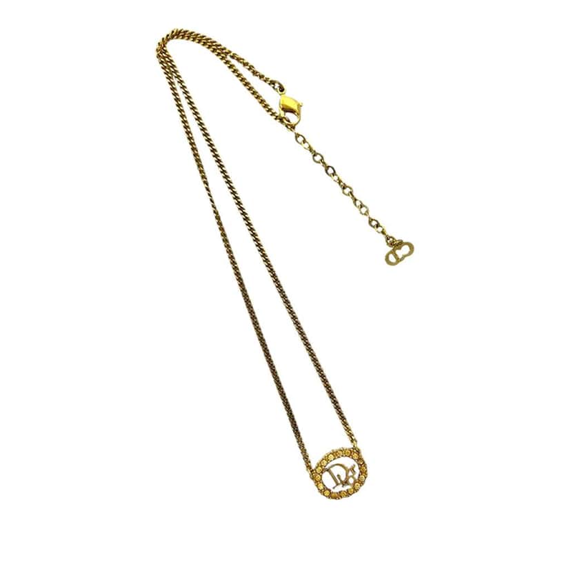 Dior Gold Plated Rhinestone Logo Oval Pendant Necklace Gold Metal Good condition - Front View