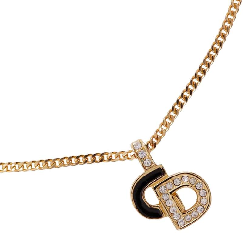 Dior Gold Plated Rhinestone CD Logo Pendant Necklace Gold Metal Good condition - Front View