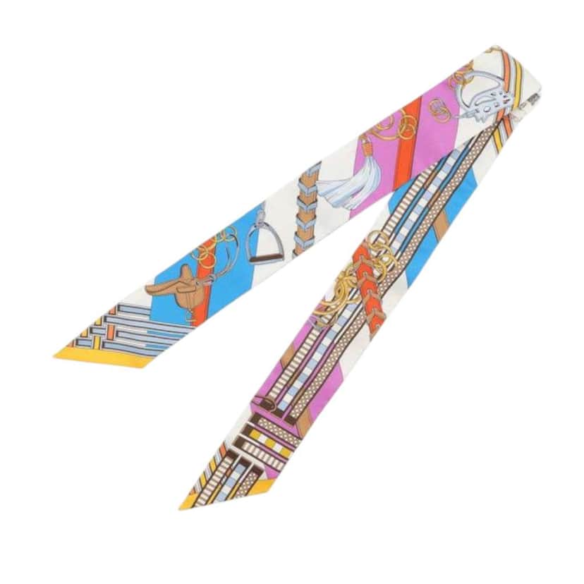 Hermès Brides et Gris Gris Silk Twilly Scarf White Silk Never worn - Front View