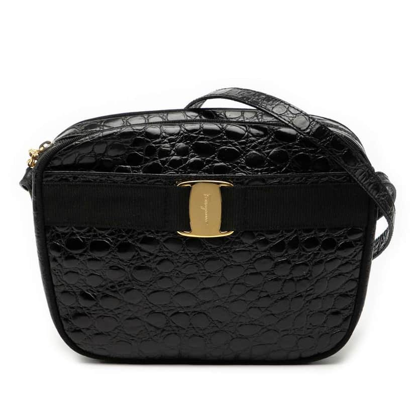 Salvatore Ferragamo Croc Embossed Calfskin Vara Crossbody Black Leather Good condition - Front View