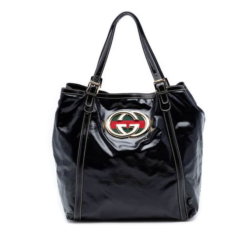 Gucci Patent Dialux Britt Web Tote Black Leather Good condition - Front View