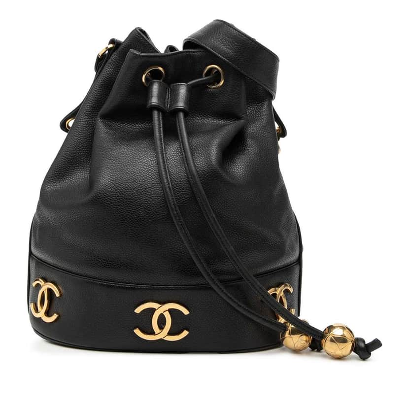 Chanel Caviar Triple CC Drawstring Bucket Bag Black Leather Good condition - Front View