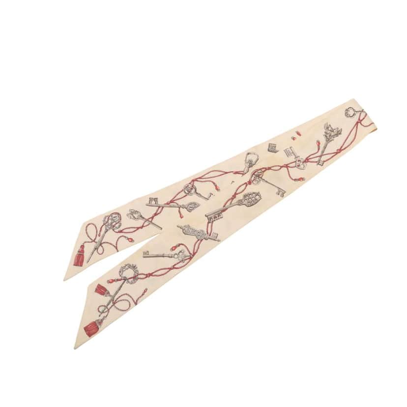 Hermès Les Cles a Pois Twilly Silk Scarf Beige Good condition - Front View