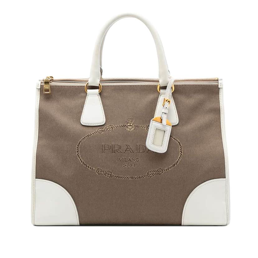 Prada Saffiano Trimmed Canvas Canapa Logo Double Zip Satchel Brown Canvas Good condition - Front View