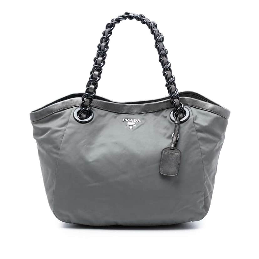 Prada Metallic Leather Trimmed Tessuto Tote Grey Very good condition - Front View