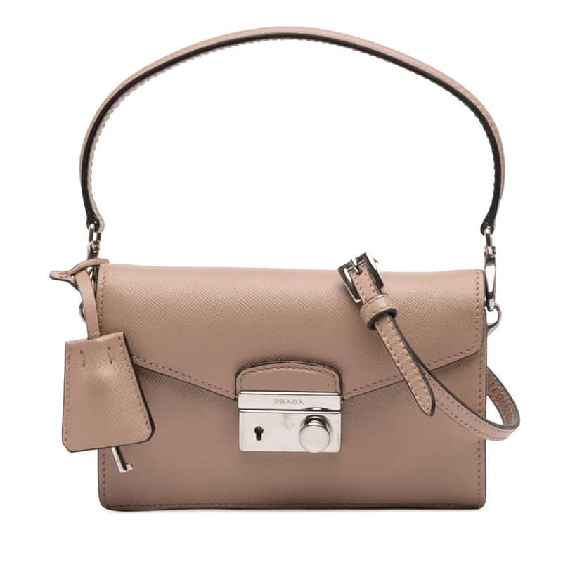 Prada Mini Saffiano Lux Sound Lock Satchel Beige Leather Very good condition - Front View