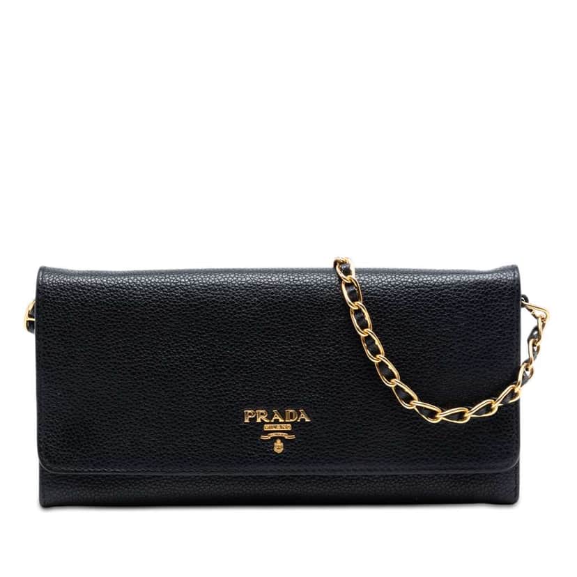 Prada Vitello Daino Wallet On Chain Black Leather Good condition - Front View