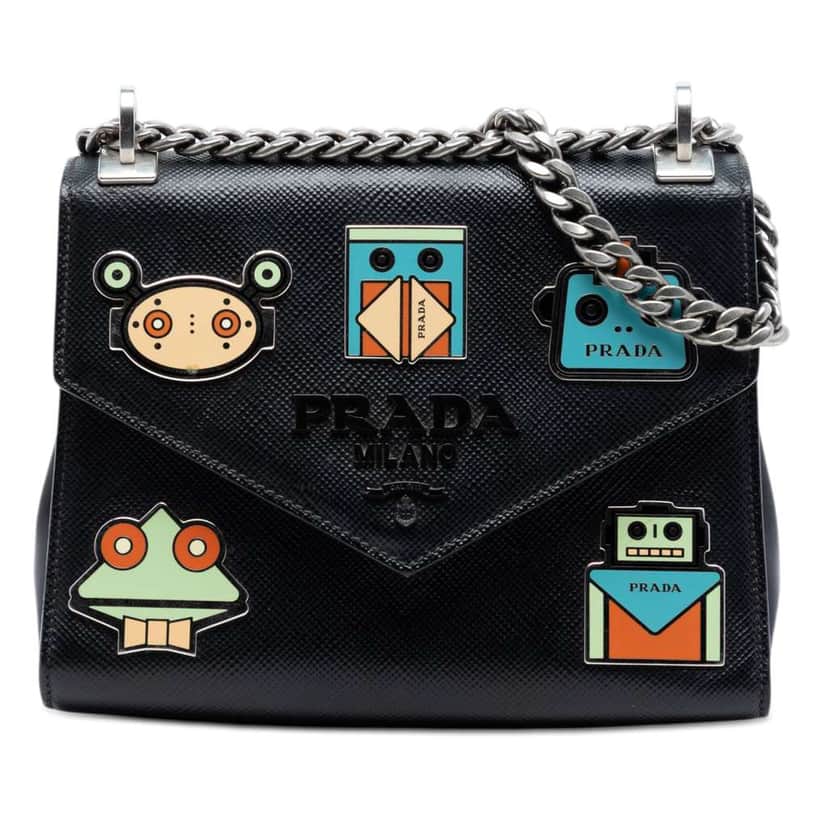 Prada Saffiano Cuir Monochrome Robot Patches Envelope Chain Flap Black Leather Good condition - Front View