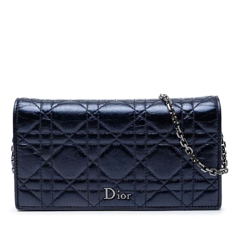 Dior Crinkled Lambskin Cannage Lady Dior Wallet On Chain Blue Leather Good condition - Front View