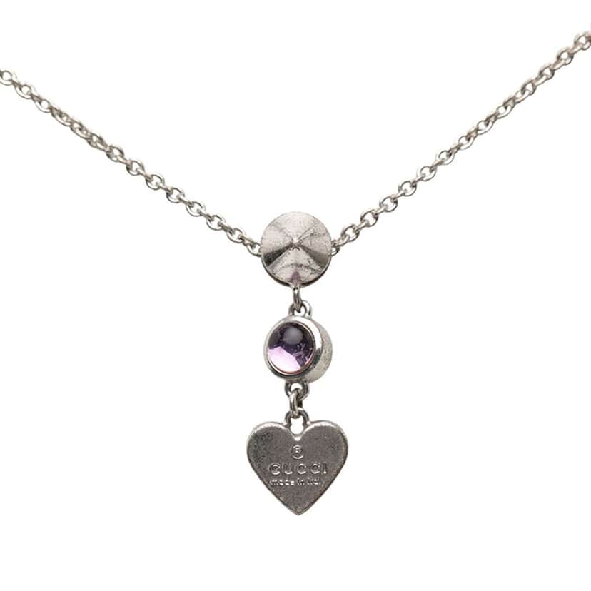Gucci Sterling Silver Bejeweled Heart Pendant Necklace Silver Silver Good condition - Front View